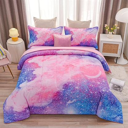 A Nice Night Galaxy Bedding Sets Outer Space Comforter 3D Printed Space Quilt Set Queen 6Pcs Glitter Pink,for Children Boy Girl Teen Kids