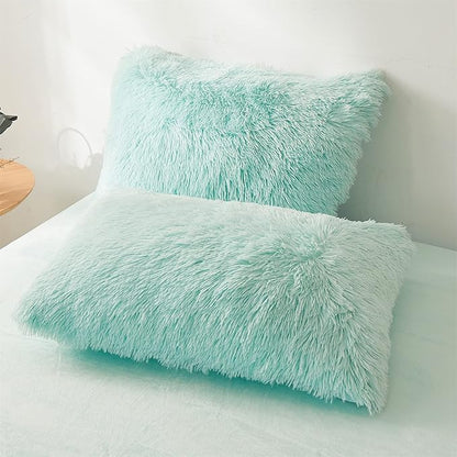 FOPPA Green Comforter Cover Set - Ultra Soft Plush Bedding Sets 3 Pieces (1 Faux Fur Duvet Cover + 2 Faux Fur Pillow case) Green Bed Set(Mint Green, Queen)