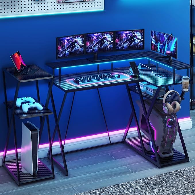 47 Inch L Shaped Gaming Desk L Desk Gaming Desk with Led Lights Computer Desk with Power Outlets Gaming Table Corner Desk for Bedroom Small Desk for Home Office,Black