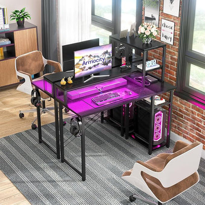 armocity 2024 Upgrade Gaming Desk with LED Lights, Small Computer Desk with Long Monitor Stand, 40'' Reversible Laptop Table with Storage Shelves, Small Desk for Small Spaces, Gaming Room, Black