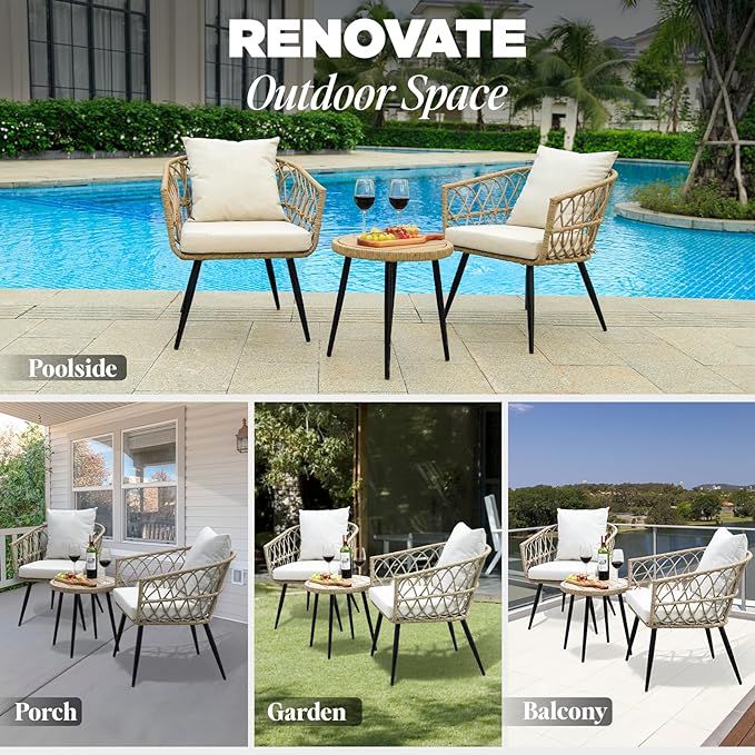 Heavy Duty 500lbs Weight Capacity Bistro Table and Chairs Set of 2 with Olefin Fabric Soft Cushions, Metal Wicker Armchairs Design