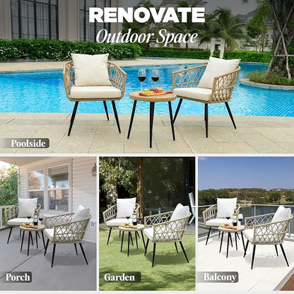 Heavy Duty 500lbs Weight Capacity Bistro Table and Chairs Set of 2 with Olefin Fabric Soft Cushions, Metal Wicker Armchairs Design