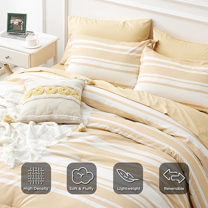 Bedsure Bed in a Bag Queen Size 7-Piece Yellow White Striped Bedding Comforter Sets All Season Bed Set, 2 Pillow Shams, Flat Sheet, Fitted Sheet and 2 Pillowcases