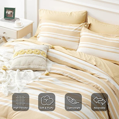 Bedsure Bed in a Bag Queen Size 7-Piece Yellow White Striped Bedding Comforter Sets All Season Bed Set, 2 Pillow Shams, Flat Sheet, Fitted Sheet and 2 Pillowcases