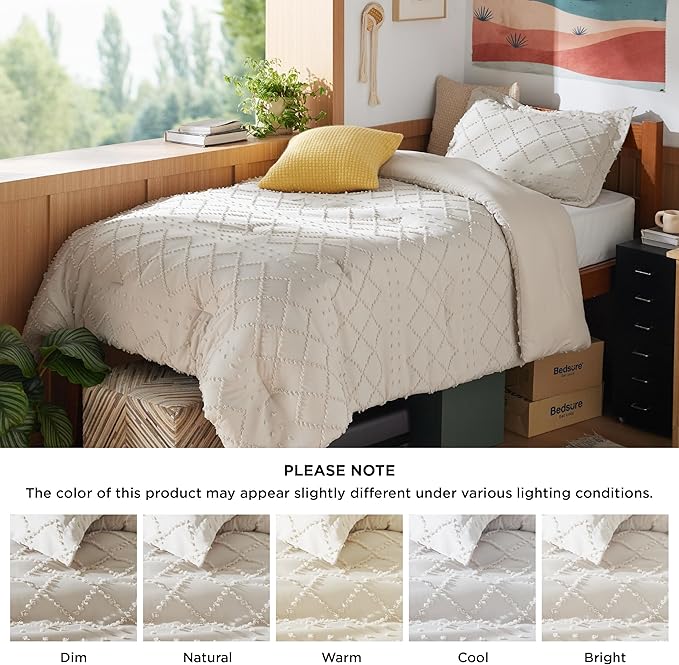 Bedsure Twin XL Comforter Set - Beige Twin Extra Long Comforter Set for College, Shabby Chic Dorm Bedding Set, 2 Pieces Boho Farmhouse Bed Set, includes 1 Pillow Sham