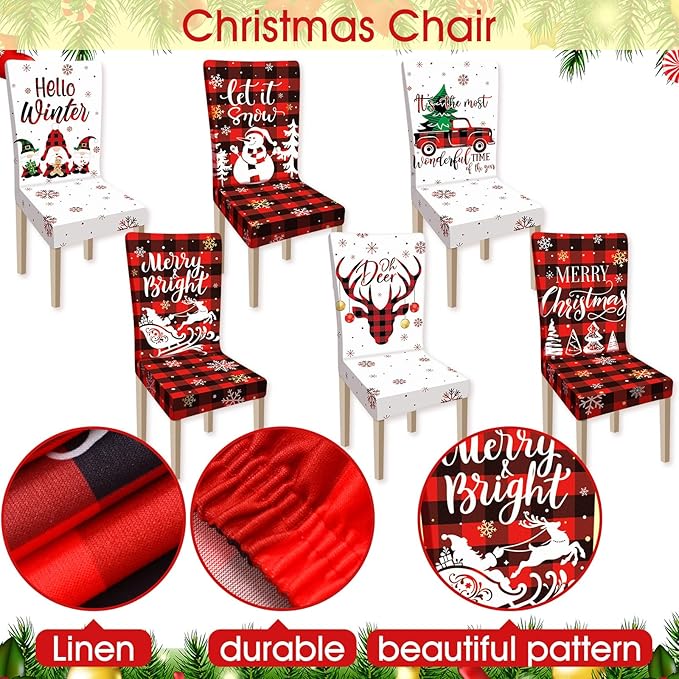 Ganeen 6 Pcs Christmas Chair Covers Merry Christmas Chair Back Cover Stretch Christmas Seat Cover Washable Xmas Dining Chair Protector Slipcover for Dining Room Kitchen Holiday Party (Cute Style)