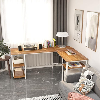 L Shaped Desk Reversible, Corner Computer L Desk with Storage Shelves, Modern Gaming Desk Workstation for Home Office, Walnut