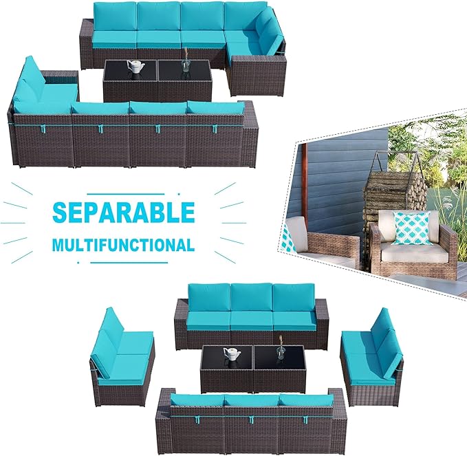Kullavik 12PCS Outdoor Patio Furniture Set PE Wicker Rattan Sectional Sofa Patio Conversation Sets,Blue