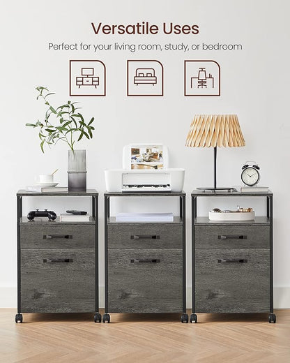 VASAGLE File Cabinet, Mobile Filing Cabinet with Wheels, 2 Drawers, Open Shelf, for A4, Letter Size, Hanging File Folders, Charcoal Gray and Black UOFC071B04