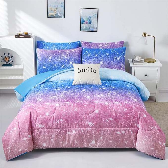 Rainbow Glitter Comforter Set Twin Size for Girls, Sparkle Galaxy Twinkle Starlight Comforter for Kids,2 Piece Aqua Blue Purple Pink Ombre Pastel Bedding Set with 1 Pillow Case(Rainbow,Twin)