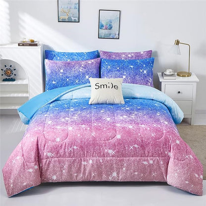 Rainbow Glitter Comforter Set Twin Size for Girls, Sparkle Galaxy Twinkle Starlight Comforter for Kids,2 Piece Aqua Blue Purple Pink Ombre Pastel Bedding Set with 1 Pillow Case(Rainbow,Twin)
