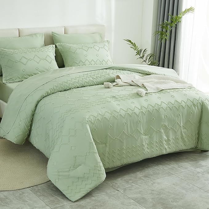EMME Twin Comforter Set - 5 Pcs Sage Green Boho Bedding Sets, Tufted Comforter with Sheets, Shabby Chic Embroidery Twin Bed Set Fluffy Bed Bag for All Season(68"X90")