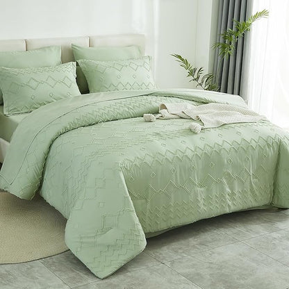 EMME Twin Comforter Set - 5 Pcs Sage Green Boho Bedding Sets, Tufted Comforter with Sheets, Shabby Chic Embroidery Twin Bed Set Fluffy Bed Bag for All Season(68"X90")
