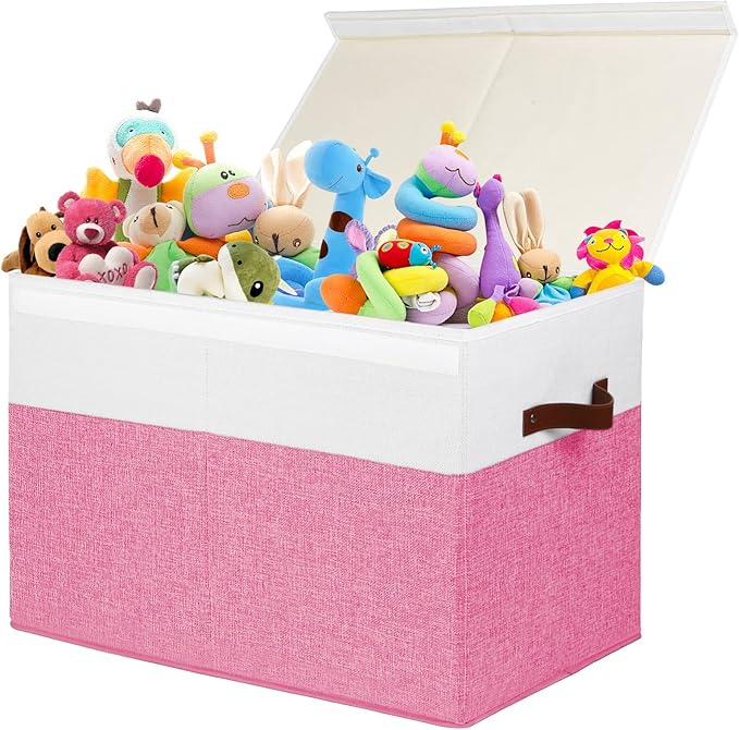 Large Toy Storage Box with Lid, Sturdy Toys Storage Chest Bin Organizer Basket with Dividers for Kids, Boys, Girls, Nursery, Closet, Bedroom, Playroom 25"x13" x16" (Pink and White)