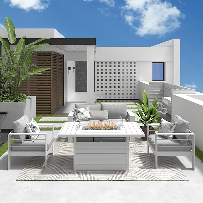 Solaste Aluminum Patio Furniture Set with Fire Pit Table, 4 Piece Metal Outdoor Furniture with Water-Resistant Cushions, Modern Patio Conversation Set for Balcony, Front Porch, and Backyard, White