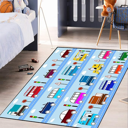 Car Rug Car Play Mat Kids Rugs for Playroom Car Rug Play Mat Rugs for Boys Bedroom Car Carpet for Kids Play Rug for Cars and Trucks Car Rug for Boys Room,Light Blue 4'5''×6'