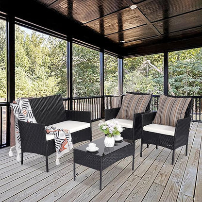 Patio Furniture Set,4 Piece Garden Conversation Set, Outdoor Wicker Rattan Table and Chairs, Black Patio Set, Sectional Sofa with Thick Cushion for Garden, Yard, or Porch (Black/Beige)