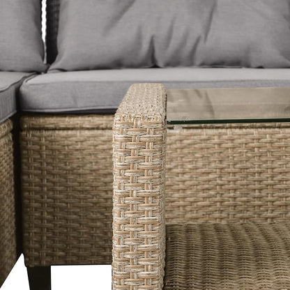 Outdoor Patio Furniture Sets, 4 Piece Rattan Conversation Sofa Wicker Sectional Couch with Chaise Lounge, Single Sofachair, Seat Cushions and Glass Table, for Garden Backyard Deck, Gray