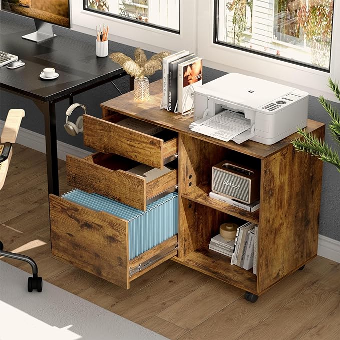 3 Drawer File Cabinet Lateral Printer Stand with Adjustable Storage Shelves for Home Office Small Space, Rustic Brown