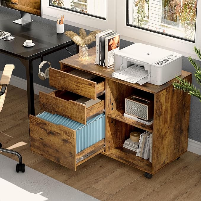 Sweetcrispy 3-Drawer File Cabinet, Lateral Mobile Filing Cabinet Wood Under Desk Storage Organizer with Wheels, Printer Stand & Open Shelves for Home Office Organization - Rustic Brown