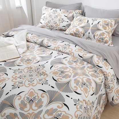 EMME Twin Comforter Set - Grey White Floral Bedding Set 5 PCS with Geometric Flowers Pattern, Soft Plant Printed Botanical Bed Set with Sheets,Fluffy Bed Bag for All Season(68"X90")