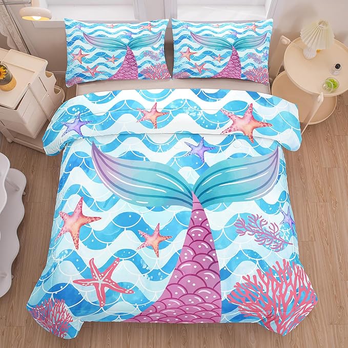 NINENINE Twin Size Mermaid Tail Bedding Girls Princess Comforter Set, Blue Glitter Bedding Sets for Girls,Sea Animal Kids Fish Scales Comforter Sets with 1 Comforter 1Pillowcase
