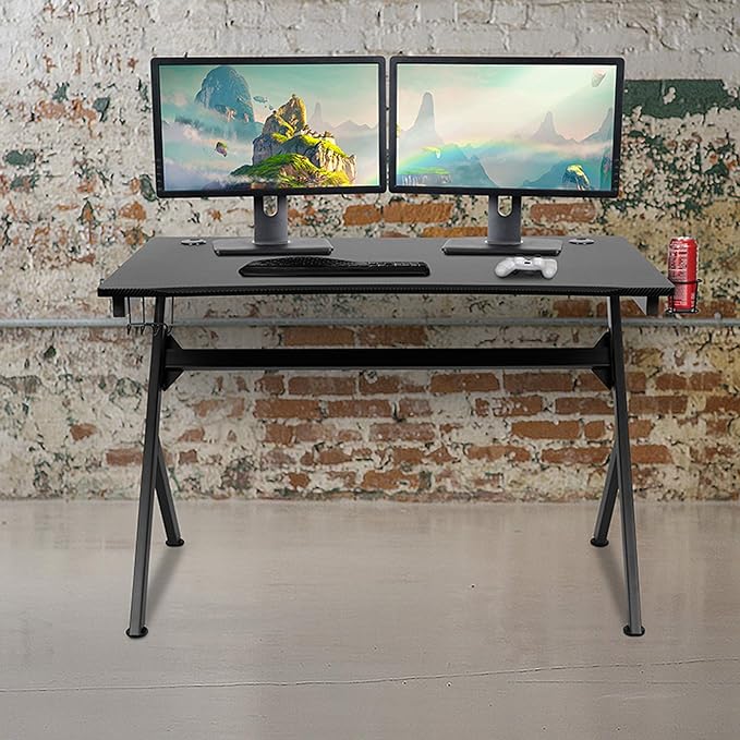 Flash Furniture Duncan Gaming Desk 45.25" x 29" Computer Table Gamer Workstation with Headphone Holder and 2 Cable Management Holes, Set of 1,Black