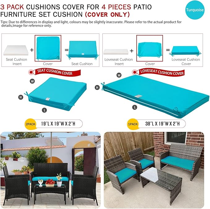 ClawsCover 3Pack Outdoor Seat Cushions Replacement Covers Fit for 4 Pieces Wicker Rattan Furniture Patio Conversation Set Loveseat Chair,38x19x2,19x19x2,Turquoise-Large (Include Cover Only)