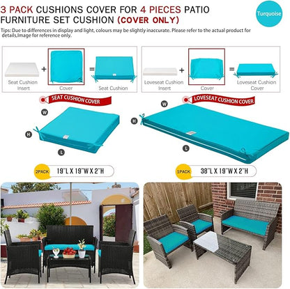 ClawsCover 3Pack Outdoor Seat Cushions Replacement Covers Fit for 4 Pieces Wicker Rattan Furniture Patio Conversation Set Loveseat Chair,38x19x2,19x19x2,Turquoise-Large (Include Cover Only)