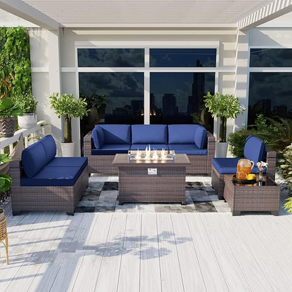 Kullavik 8 Pieces Outdoor Patio Furniture Set with 43" 55000BTU Gas Propane Fire Pit Table PE Wicker Rattan Sectional Sofa Patio Conversation Sets,Dark Blue