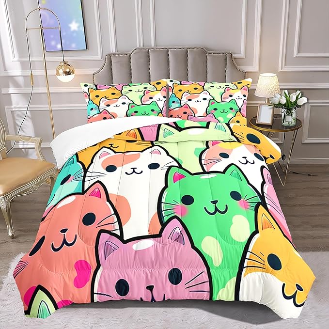 Cat Bedding Queen Size - Cat Comforter Set for Kids Girls Cartoon Cat Bedding Set Room Decor Teens Queen Comforter Sets for Girls, 1 Comforter+2 Pillowcases