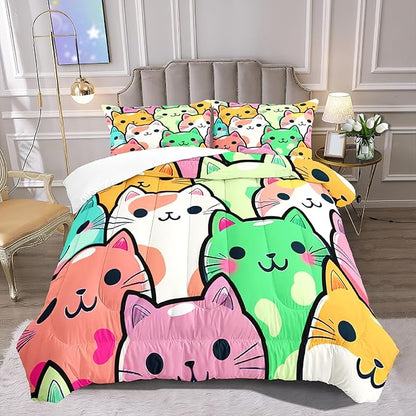 Cat Bedding Queen Size - Cat Comforter Set for Kids Girls Cartoon Cat Bedding Set Room Decor Teens Queen Comforter Sets for Girls, 1 Comforter+2 Pillowcases