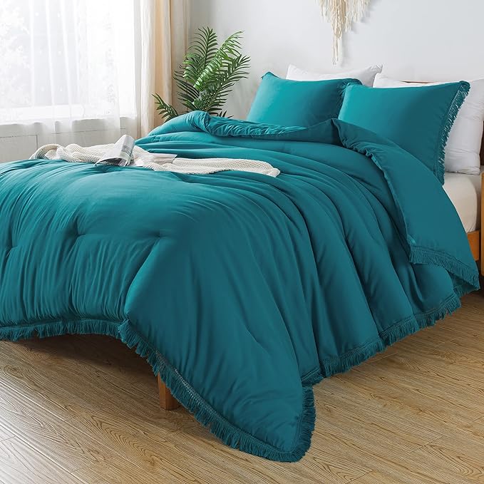 Andency Turquoise Comforter Set Queen, 3 Pieces Boho Teal Tassel Lightweight Bedding Comforter Sets, All Season Teal Blue Soft Fluffy Fringe Bed Set (90x90In Comforter & 2 Pillowcases)