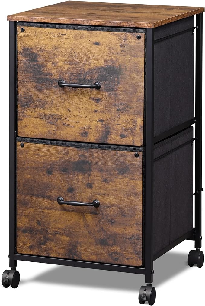 DEVAISE 2 Drawer Mobile File Cabinet, Rolling Printer Stand, Fabric Vertical Filing Cabinet fits A4 or Letter Size for Home Office, Rustic Brown Wood Grain Print