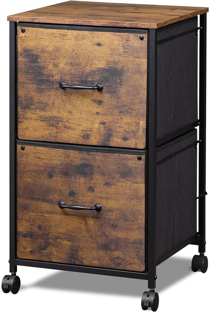 DEVAISE 2 Drawer Mobile File Cabinet, Rolling Printer Stand, Fabric Vertical Filing Cabinet fits A4 or Letter Size for Home Office, Rustic Brown Wood Grain Print