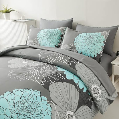 Yiran 7 Pieces Bed in a Bag Floral Comforter Set Green Flowers Bedding Set Soft Microfiber King Comforter Sets with 1 Comforter 1 Flat Sheet 1 Fitted Sheet 2 Pillowshams and 2 Pillowcases