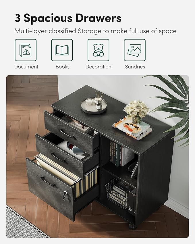 FEZIBO 3-Drawer Mobile File Cabinet, Lateral Filing Cabinet with Lock, Printer Stand with Open Storage Shelves for Home Office, Filing Cabinets for Home Office, Black