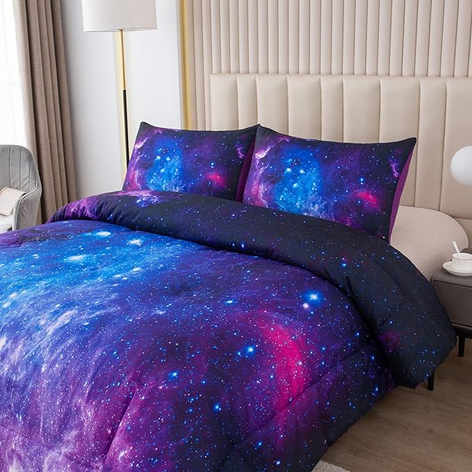 NINENINE King Size Comforter Purple Bed Set for Teen Kids Girls Galaxy Bedding Sets Printed with 1 Comforter 2Pillowcases……