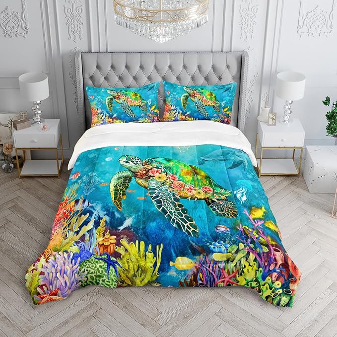 Kids Turtle Rose Comforter Set Twin Beach Theme Jellyfish Starfish Bedding Set Sea Animal Reptile Bed Set with 2 Pillowcases for Boys Girls Room Decor