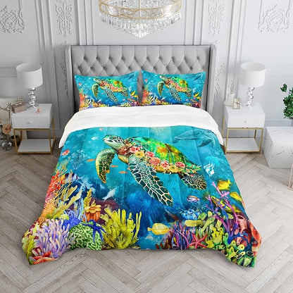 Kids Turtle Rose Comforter Set Twin Beach Theme Jellyfish Starfish Bedding Set Sea Animal Reptile Bed Set with 2 Pillowcases for Boys Girls Room Decor