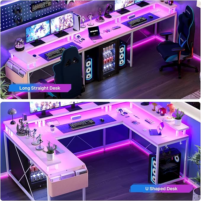 U Shaped Computer Gaming Desk, Reversible L Shaped Desk with Power Outlets, LED Strip & Monitor Stand, Large Corner Desk with Storage Shelves for Home Office,Deep Pink