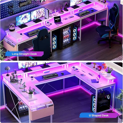 U Shaped Computer Gaming Desk, Reversible L Shaped Desk with Power Outlets, LED Strip & Monitor Stand, Large Corner Desk with Storage Shelves for Home Office,Deep Pink