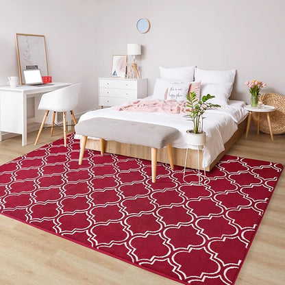 Chicrug Shag Geometric 6x9 Area Rug for Living Room, Large Modern Memory Foam Indoor Carpet, Fluffy Rug for Bedroom Bedside Room Decor for Family Girls Kids Nursery, Wine Red/White