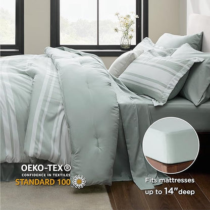 Bedsure Bed in a Bag Queen Size 7 Pieces, Sage Green White Striped Bedding Comforter Sets All Season Bed Set, 2 Pillow Shams, Flat Sheet, Fitted Sheet and 2 Pillowcases