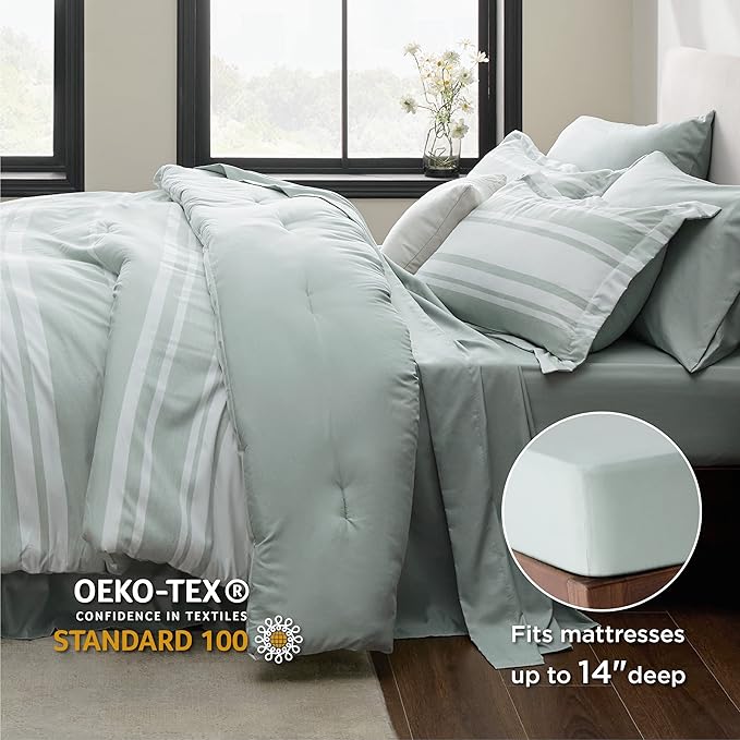 Bedsure Bed in a Bag Twin Size 5 Pieces, Sage Green White Striped Bedding Comforter Sets All Season Bed Set with 1 Pillow Sham, Flat Sheet, Fitted Sheet and 1 Pillowcase