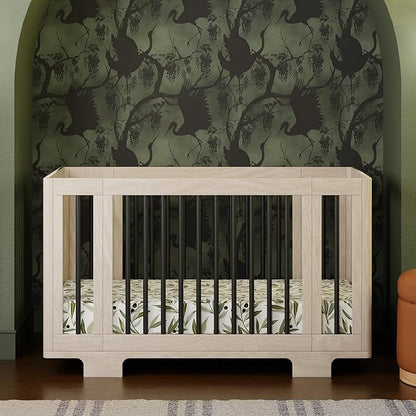 Babyletto Yuzu Convertible All-Stages Bassinet, Midi, Full-Size Crib in Washed Natural with Black, Greenguard Gold Certified, Portable & Adjustable with Conversion Kits and Pads Included