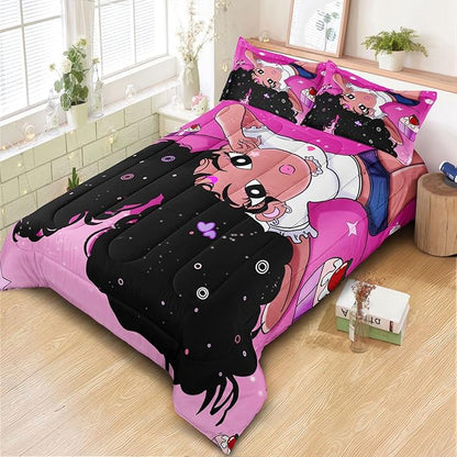 African American Black Girl Comforter Set, Twin Size Bedding Set for girls, Pink Black Girls Bedroom Decor Bed Set, Princess Bedding Set with 1 Comforter and 2 Pillow Cases