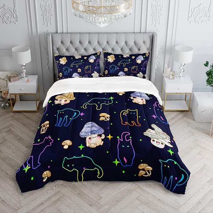 Mushroom Kawaii Cat Comforter Set Twin Size Kids Mushroom Bedding Set Star Theme Quilt Bed Set for Boys Girls Adults with 1 Comforter and 2 Pillowcases