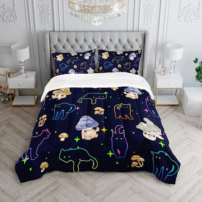Mushroom Kawaii Cat Comforter Set Twin Size Kids Mushroom Bedding Set Star Theme Quilt Bed Set for Boys Girls Adults with 1 Comforter and 2 Pillowcases