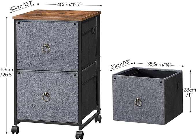 HOOBRO 2 Drawer Mobile File Cabinet, Rolling Printer Stand, Vertical Filing Cabinet, Office Cabinet, Filing Cabinet for Home Office, A4/Letter Size, Nonwovens Drawer, Rustic Brown and Gray BFG20WJ01